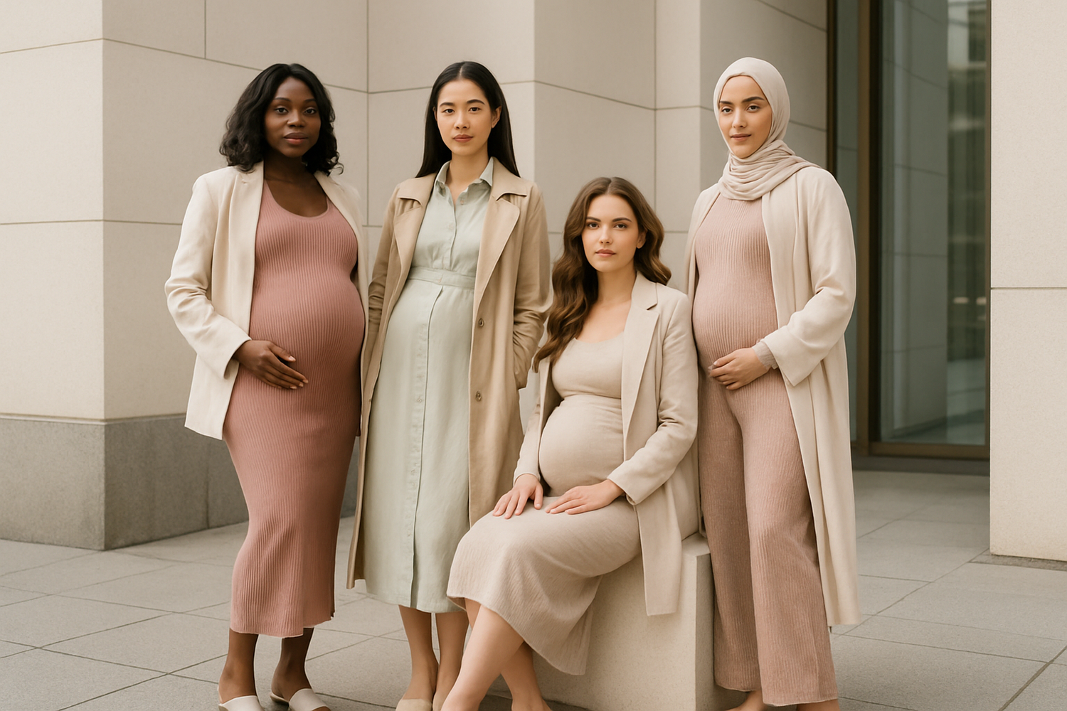 Collection de mode maternité cosmopolite et diverse avec des femmes enceintes de différentes origines dans un cadre urbain et moderne